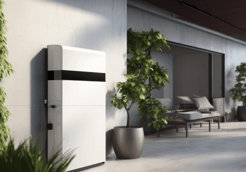 Thuisbatterij systeem buiten op het terras aan moderne woning