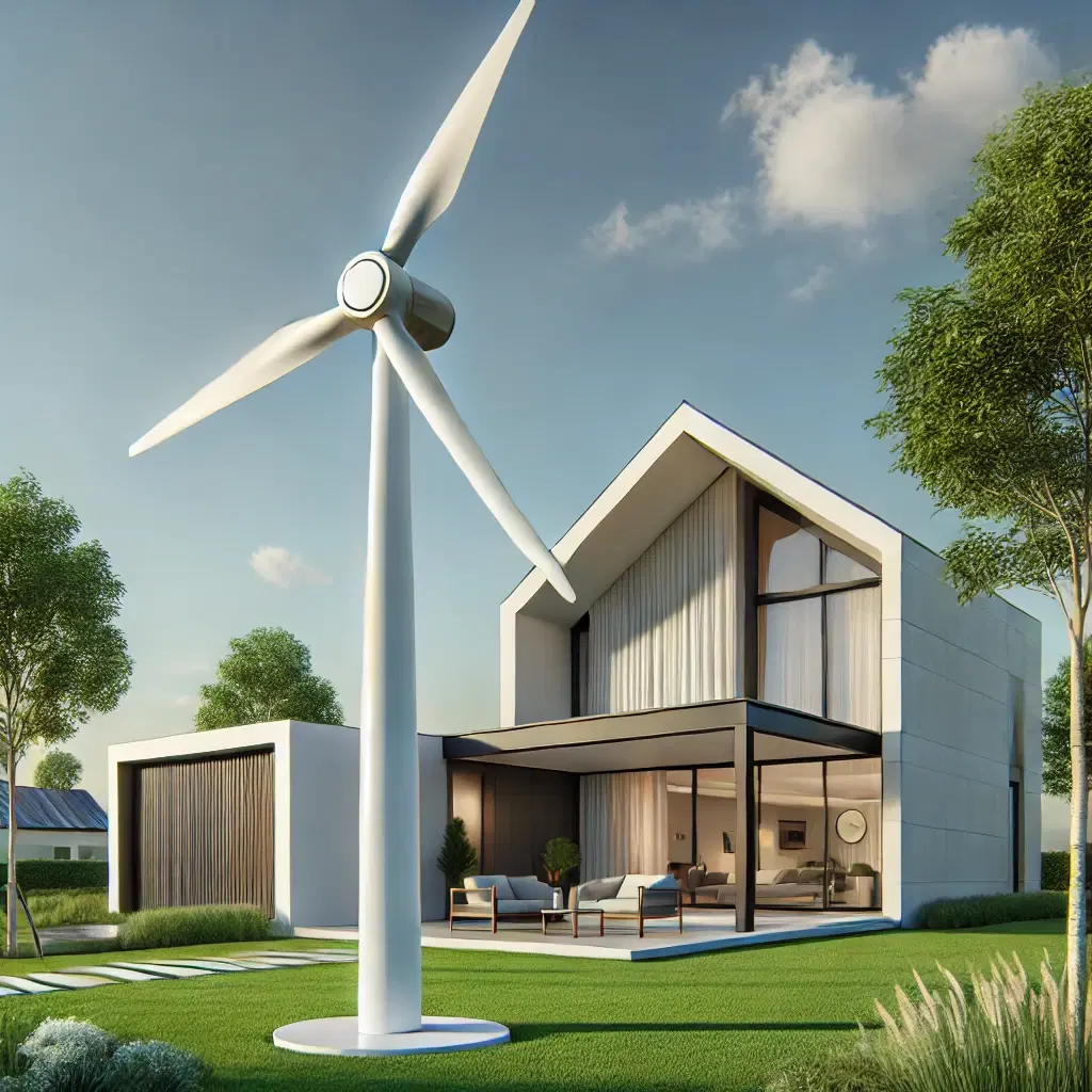 DALL·E 2025-01-20 09.46.49 - A sleek and minimalistic depiction of a modern home wind turbine positioned next to a contemporary house. The house features clean lines and a neutral.webp