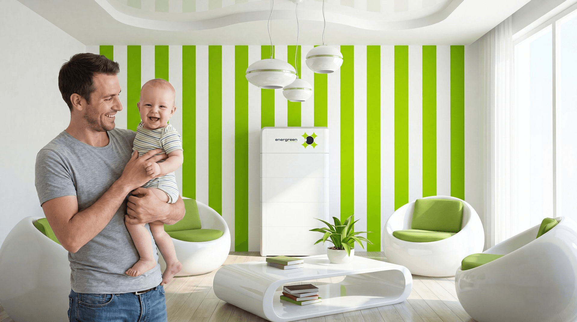 Man houdt lachende baby vast met een Premium thuisbatterij op de achtergrond